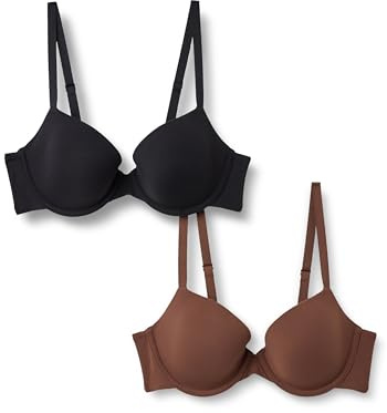 Amazon Essentials Women's Peached Microfiber Lined Demi Bra, Pack of 2, Black/Rich Hazel, 38DD