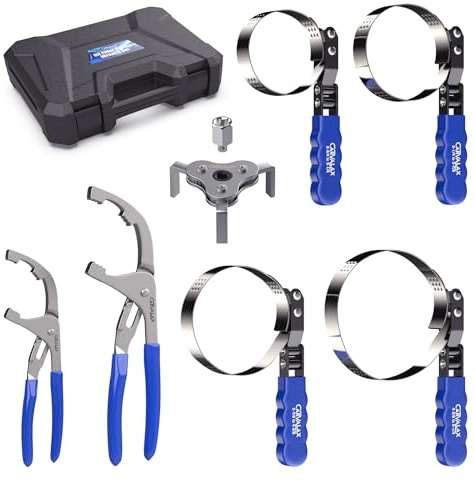 CARVALAX 8PCS Oil Filter Wrench Set – Stainless Steel Swivel Wrenches (1-3/4”to 5-1/4”), 9” & 12” Adjustable Pliers, Universal 3-Jaw Remover with Adapter, Organized in Storage Case for Auto Repair