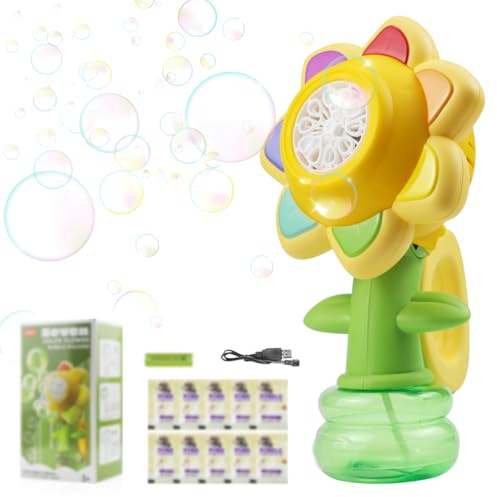 Suevut tvålbubbelmaskin barnblomma, uppladdningsbar solros tvålbubbelmaskin med 3 lägen (ljus, dans, bubblor), för födelsedagsfest, inomhus, utomhusleksak