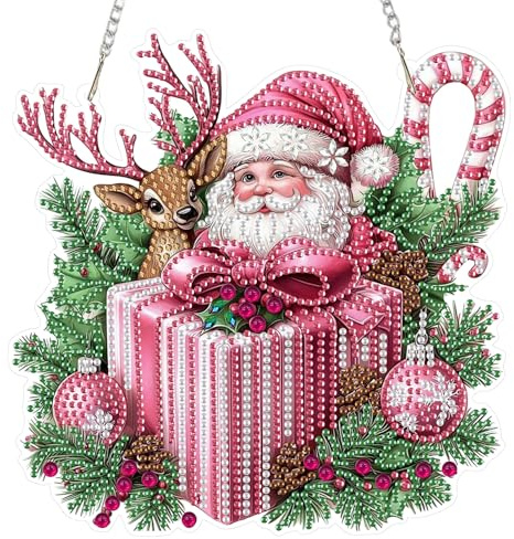 DOMROM Weihnachten Diamond Art Painting Anhänger, Rosa Diamond Painting Fensterbilder Anhänger, Hirsch Diamant Hängende Ornament für Kinder Erwachsene Diamant Malerei Basteln Tür Wand Fenster Deko