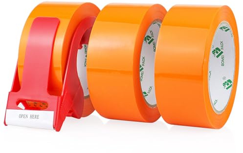 BOMEI PACK Ruban d’emballage 66m x 48mm pour emballage -3 rouleaux avec dévidoir,impression adhésif fort pour colis, entrepôt, e-commerce (Orange)