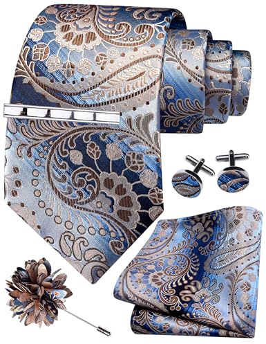 GUSLESON Blue Brown Tie Set for Men Paisley Wedding Silk Necktie Clip Pocket Square Cufflinks and Lapel Pin Brooch Set (5A01-52)