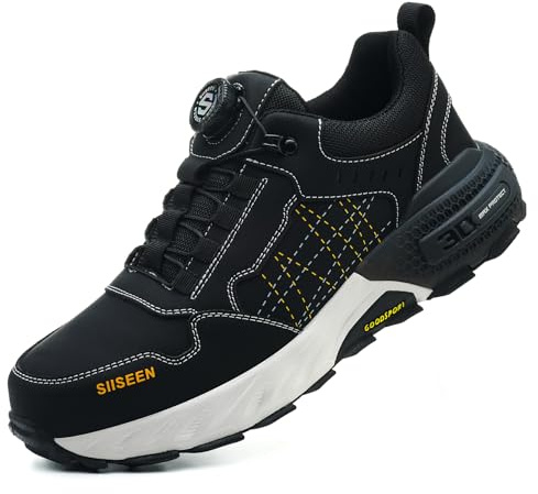 Stillithou Safety Trainers Men Women, Lightweight Comfortable Safety Shoes with Swivel Buckle Shoelaces, Wide Steel Toe Cap Trainers Anti-Smashing Non Slip, Black