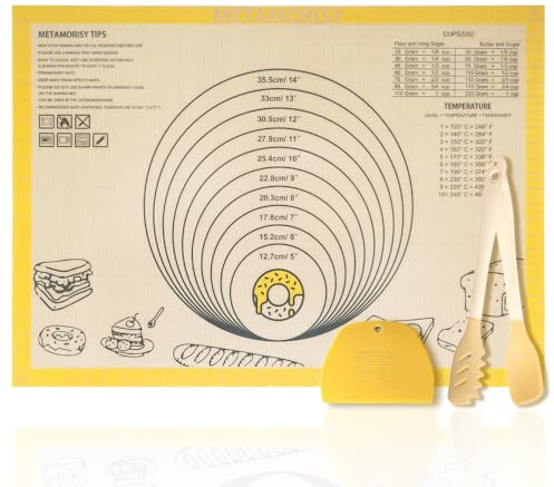 Metamorisy,3-Piece Baking mats Set,Extra Large Silicone Dough Rolling Mats 70X50cm,Slicing Knife and Multi-Purpose Food Tongs,0.7mm Thick Non-Stick Pastry Rolling mat（Yellow