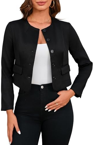 YesFashion Tweed Blazer Chaqueta corta de mujer de manga larga con cuello redondo de tweed chaqueta de punto con botones, Negro , S