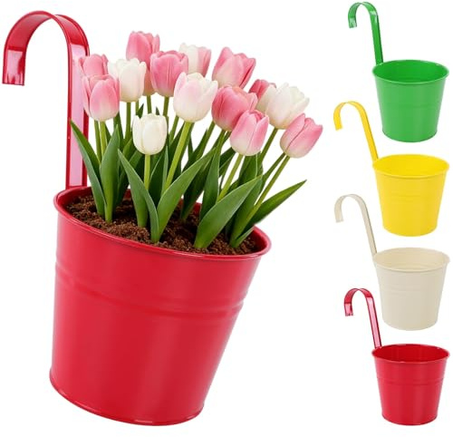 CITÉTOILE 4er-Set Hängebkorb Blumentopf 16cm, Höhe 26cm mit abnehmbaren Griff, Verzinktes Eisen, Ablaufloch, Robust & Langlebig, farbenfroh, Modell-04