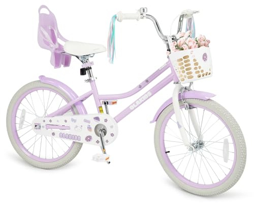 Olakids Kids Bike, 12 14 16 18 20 Inch Toddlers Bike with Doll Seat Basket Adjustable Seat and Handlebar, Handbrake and Coaster Brake, Children's Bicycle for Girls