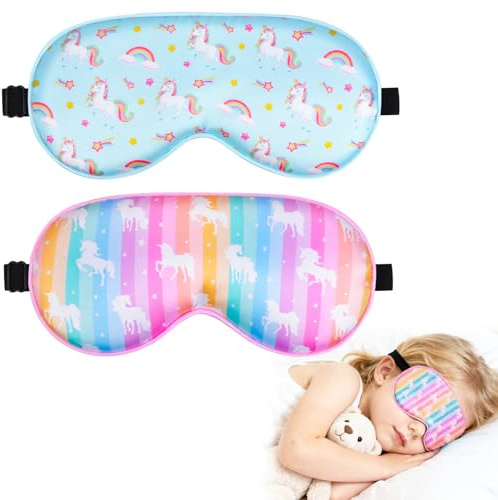 2 Stück Schlafmaske Kinder Mädchen, Seide-Baumwolle-Mischung Augenmaske Schlafmaske, Einstellbarer Riemen Druckfreie Design, Meerjungfrau & Einhorn Serie Schlafmaske für Zuhause Reise Mittagsschlaf