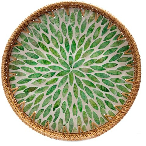 Rattan Tray with Mother of Pearl Inlay, 34.5 cm, Decorative Wicker Tray, Woven Serving Tray, Round Dining Table Tray for Bread Fruit Food Coffee Breakfast, Storage and Display