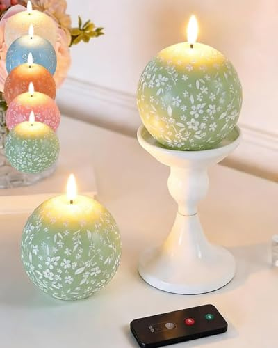 Flameless Spring Carved Spheres, LED Flickering Candles with Remote & Timer Control, Artificial Fake Realistic Light up Candles, Flame-Free Ambient Home Decor (Green)
