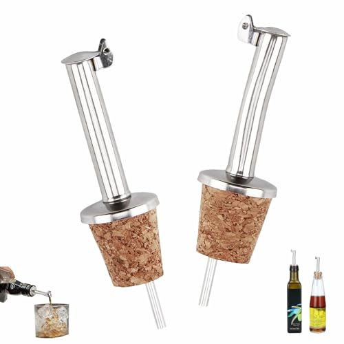 HUIHAOEU 2 Piezas Vertedores de Botellas Corcho Dosificador de Botella con Tapón de Corcho Vertedor con Tapa de Acero Inoxidable para Aceite Vino Licores Cócteles