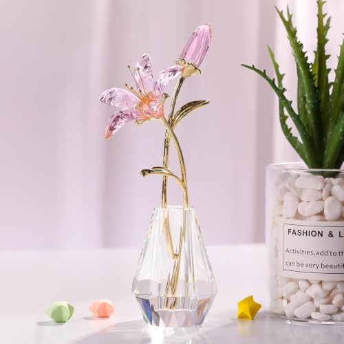 Giglio di cristallo con vaso, fiore di vetro rosa fatto a mano, stelo in metallo, decorazione per donne, matrimonio, San Valentino, compleanno, decorazione da tavolo, confezione regalo