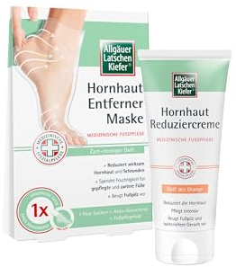 Allgäuer Latschenkiefer Hornhaut Entferner Maske + Hornhaut Reduziercreme Orange – Hornhautreduzier Set gegen Hornhaut – 1 Maske + 200 ml Creme