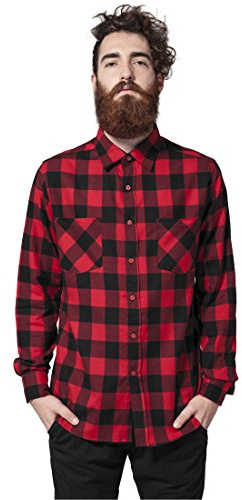 URBAN CLASSICS Camicia in Flanella a Maniche Lunghe da Uomo, Camicia Casual Lunga con Bottoni per Uomo, Vestibilità Regolare, Cotone Flanella, Colore: Nero/Rosso, Taglia: S