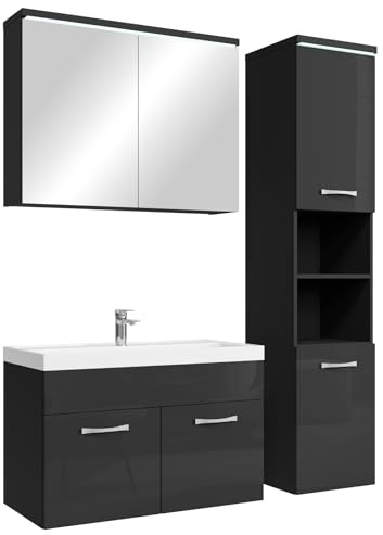 Badplaats Badmöbel Komplettset Paso LED 80 x 40 cm Schwarz Hochglanz - Badezimmermöbel mit Waschbecken, Spiegelschrank und Badezimmerschrank