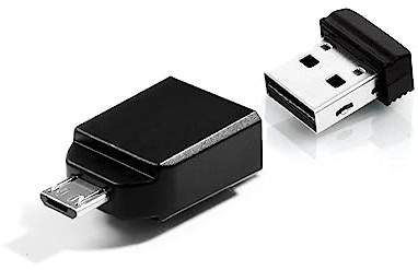 Verbatim Nano USB-Stick 2.0 Drive - 32 GB - mit Micro B-Adapter - Für Tablets und Smartphones mit dem USB OTG (On-The-Go)-Feature, Schwarz, 49822