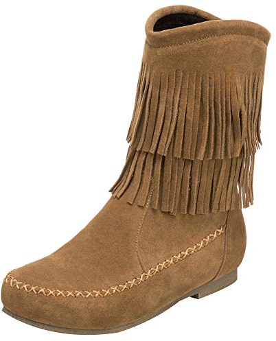 Jamron Damen Modisch Doppelt Fransen Mokassin Stiefel Halbschaft Cowboystiefel