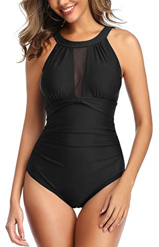 Joweechy Ruched Tummy Control One Piece Swimsuit Swimwear Retro Vintage Bikini Mesh Swimming Costume for Women, Black-high Neck, M