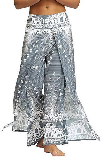 Nuofengkudu Donna Hippie Lunghi Pantaloni con Spacco Gamba Larga Leggero Yoga Pantalone Traspirante Eleganti Pilates Pants Holiday Spiaggia Estivo(Grigio Pavone,L/XL)
