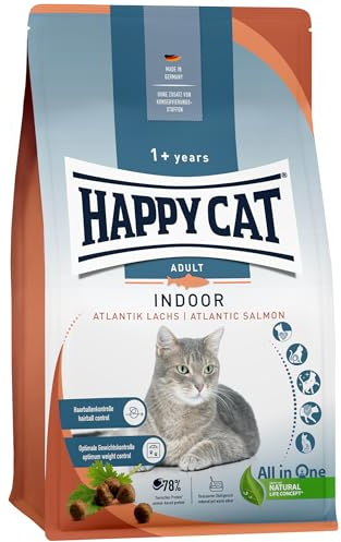 Happy Cat Indoor Adult Katzenfutter Lachs Wohnungskatze, 4 kg | Indoor-Trockenfutter mit Atlantik-Lachs für Wohnungskatzen ab 12 Monaten, 78 % tierisches Protein, mit Omega-3, Nachkaufgröße