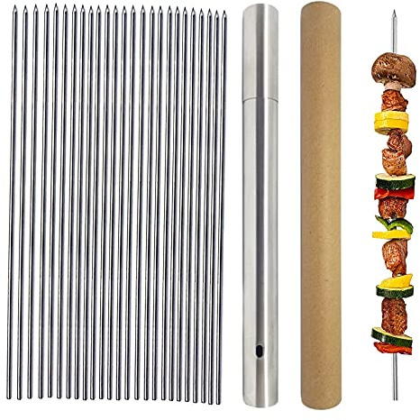 Stainless Steel Kabob Skewers - Heavy Duty 12 Round BBQ Skewers (Set of 20 + Storage Tube)