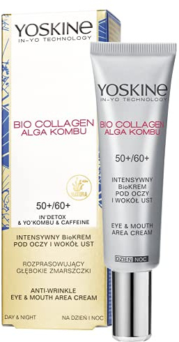 Yoskine Bio Collagen Augen- und Lippencreme 50+/60+, mit Meereskollagen, Kombu-Alge, Koffein und Zichorienwurzel, 15 ml