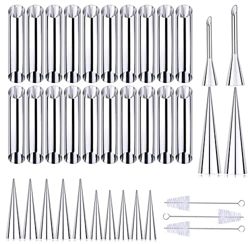 Woohome 42 Stück Cannoli Backform Puff Nozzle Set, Backen Edelstahl Rolle Horn Formen Konische Dänische Gebäck Croissant Kegel Formen für Plundergebäck Creme Rollenform