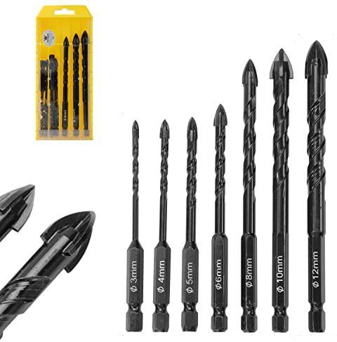 TOPWAY Drill Bits Set 6PCs 1/4 (6.35mm) Hex Shank, 4-12mm Cemented Carbide Tipped Cross Head Multipurpose Drill Bits for Concrete Wall Masonry Glass Ceramic Tile Brick Wood Block