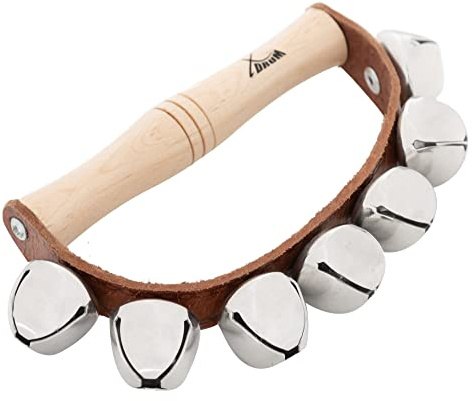 XDrum SB7 Sleigh Bells, Schlittenglocken aus verchromtem Stahl | 7 Glöckchen am Lederband, Ergonomischer Holzgriff aus Ahorn, Länge Griff: 12 cm, Breite Lederband: 2 cm, Gewicht: 115 g