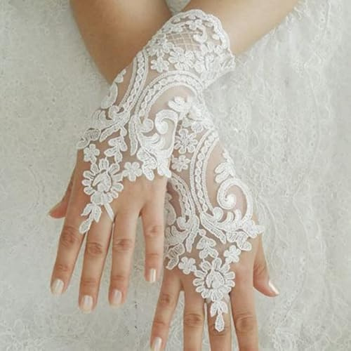 VITAU 1 Paar Spitze Satin Kurze Brauthandschuhe Fingerlose Handschuhe Weiße Blume Fäustlinge Frauen Hochzeit Zubehör