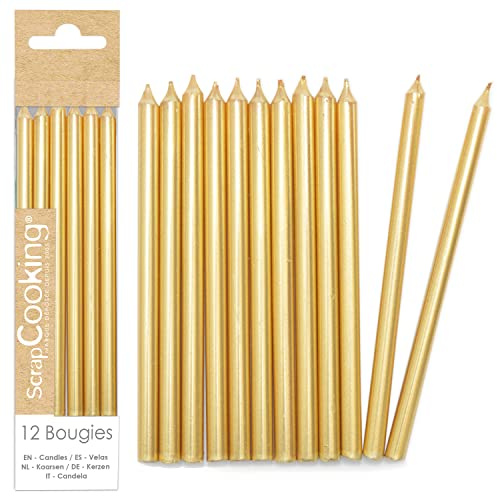ScrapCooking - 12 Bougies Longues Dorées - Bougies Or Gâteau Anniversaire - Décoration Enfant Adulte - En Paraffine avec Pics - Accessoire Fête Pâtisserie - 0348