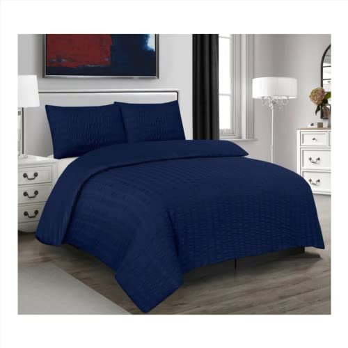 Seersucker Duvet Cover Quilt bedding set with pillow cases - 48% Cotton & 52% Polyester – Supersoft Crinkle Striped Duvet Cover – Navy Blue - Double (W 200cm x L 200cm)