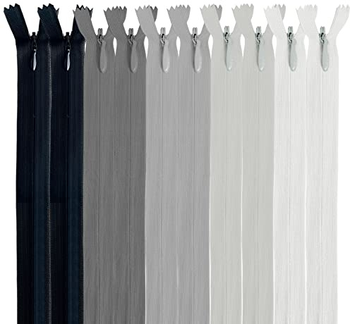 MARARDI [förpackning med 10 osynliga dragkedjor [grå] nylon [60 cm] sömnad och hantverk för kläder, väskor, tyg för symaskin, lapptäcke, plast, bomull, dragkedja med metalldragkedja