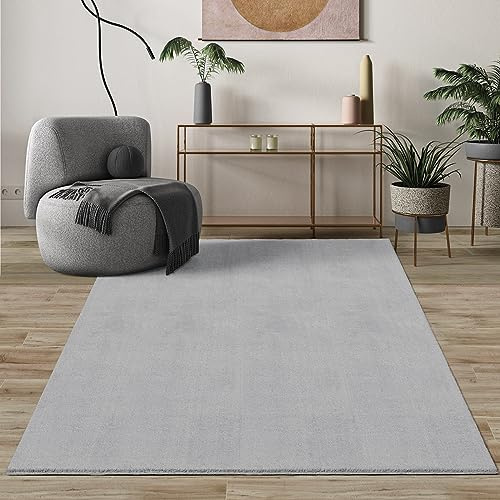 Mia's Teppiche Comfort Moderner Flauschiger Kurzflor Teppich, Anti-Rutsch Unterseite, Waschbar bis 30 Grad, Super Soft, Felloptik, Grau, 120 cm Rund