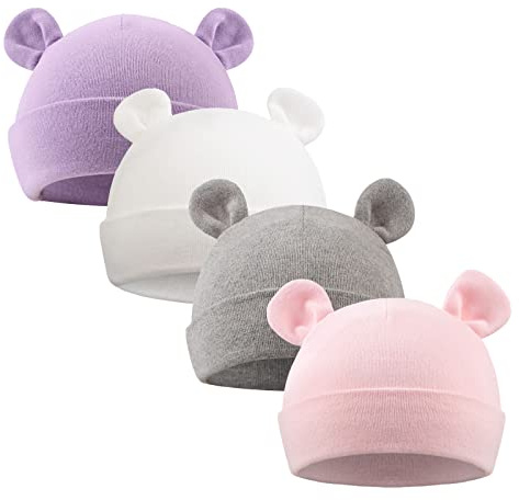 XIAOHAWANG Babymütze Neugeborene Mädchen Jungen Mütze Baby Beanie Baumwolle für 0-12 Monate Babys Unisex Erstlingsmütze (Frühchen, Lila + Weiß + Rosa + Grau)