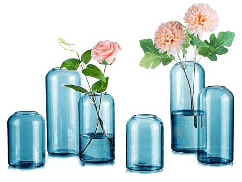 Blau Glasvasen für Tischdeko Weihnachten Blumenvase - Inweder Satz von 6 Modernen Blumen Vase Glas Glaszylinder Kleine Vasen Mini Glasvase für Hochzeit Brautparty Event Geburtstag Deko Wohnzimmer