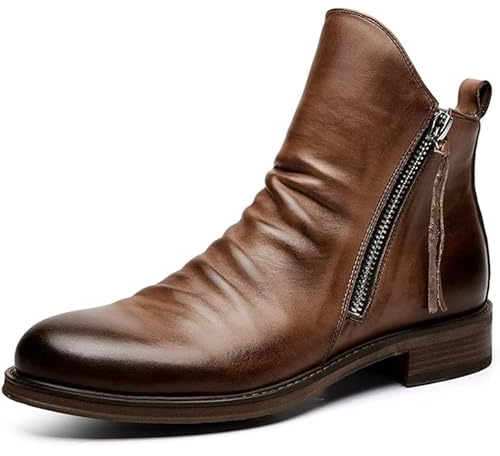 Botas de Media caña para Hombre con Cremallera Lateral y tacón de Cuero, Zapatos de Vestir Formales, Zapatos clásicos,Marrón,42 EU