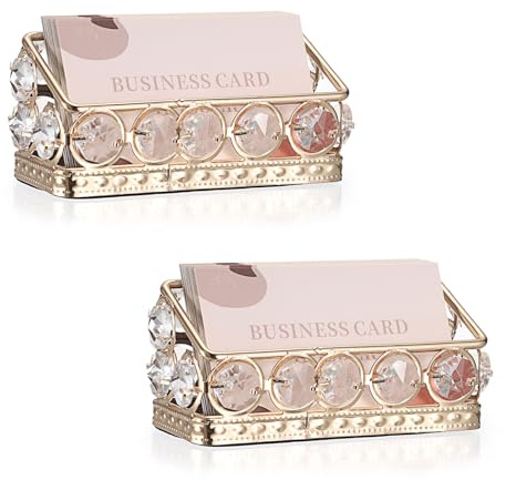 Hipiwe 2 Packs Crystal Business Card Holder Gold Metal Business Card Display Holder for Desk Bling Office Desktop Business Card Storage Organizer with Mirror Base
