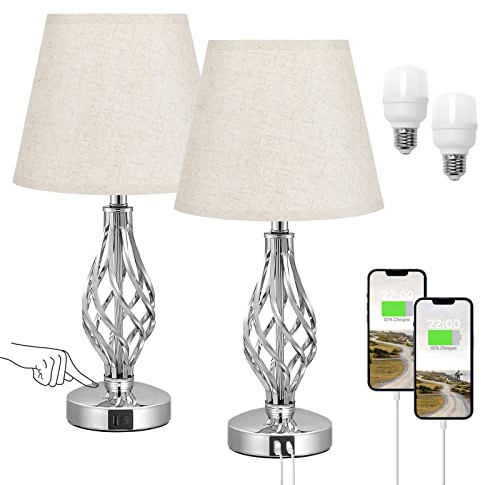 Kakanuo Nachttischlampe Touch Dimmbar 2er Set, Tischlampe mit USB A+Typ-C-Anschlüsse 2 Dimmbare LED-Glühbirnen, Beige Lampenschirm Metallfuß, Nachtischlampen für Schlafzimmer Wohnzimmer Büro Hotel