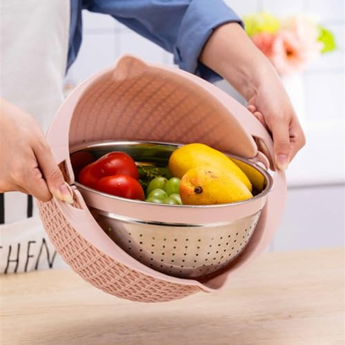 SANWOOD 4 in 1 Colander with Mixing Bowl Set, Multifunctional Stainless Steel Food Strainers and Colanders, Pasta Strainer, Fruit Cleaner, Food Slicer for Kitchen (Pink)