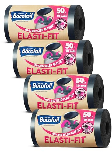 Bacofoil Elasti-Fit Bin Liners - 50L Recycled bin bags, 4 Rolls (40 Bags) - Leak-Proof, Elastic Fastening for Secure Fit - Made from 100% Recycled Plastic - Eco-Friendly Waste Disposal.