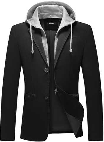 KUDORO Blazer Homme Veste de Costume Slim Fit Casual à Capuche Amovible avec Deux Boutons Décontracté Veste de Smoking Couleur Unie Veston Blouson Classique(Noir,XL)