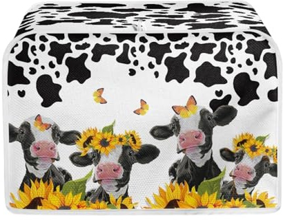TOADDMOS Toaster-Abdeckung mit Kuh-Sonnenblumen-Aufdruck, 2 Scheiben, Staubschutz für kleine Geräte, waschbar