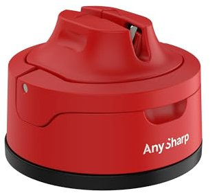 AnySharp Evo Messerschärfer, Freihändige Sicherheit, PowerGrip Saugnapf, Sicheres Schärfen aller Küchenmesser, Ideal für gehärteten Stahl & Wellenschliff, Weltbeste Qualität, Kompakt, Rot