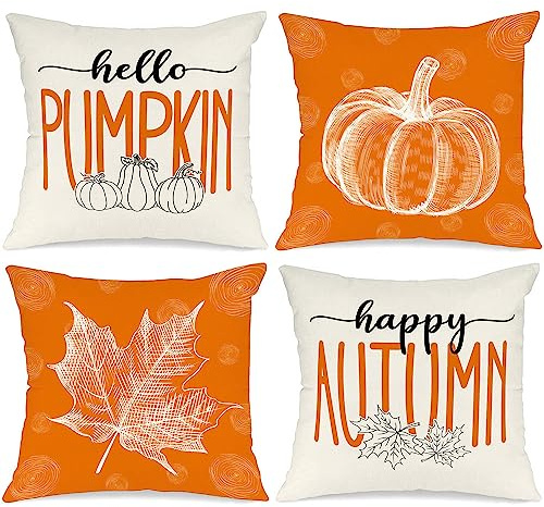 Benjia 4 Stück Kissenbezug Herbst Kissenhülle 60x60 cm, Ahornblatt Kürbis Herbst Kissen Dekorative Herbstkissen für Thanksgiving Halloween Bettwäsche Sofa Decorations Orange 60 x 60 cm