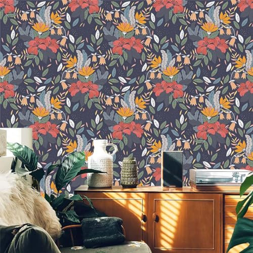 Selbstklebende Tapete Orange Rote Blüten Strukturtapete Wandtattoo Schlafzimmer Tapete Selbstklebend Vliestapete Wallpaper for Living Room Tapeten Leicht zu Entfernen Wandschutzfolie 45x300cm