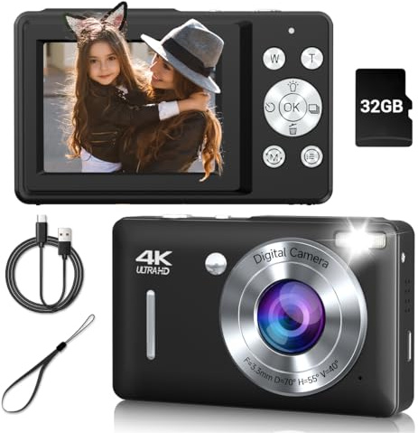 Appareil photo numérique vintage avec zoom 16x, détection de visage, capture de sourire, anti-secousses – Appareil photo compact pour adolescents – Noir