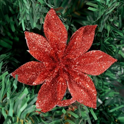 5/10 Stück glitzernde künstliche Blumen, Christbaumschmuck, Frohe Weihnachten, Dekoration für Zuhause, Neujahrsparty, Geschenkdekor, Rot, 5 Stück