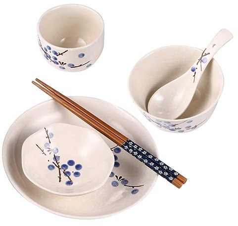 CIYODO Stoviglie in Ceramica Per Casa Stampa Fiori Di Prugno Include Piatto Ciotola Tazza Cucchiaio Bacchette Pratico e Facile Da Pulire Per Single Regalo