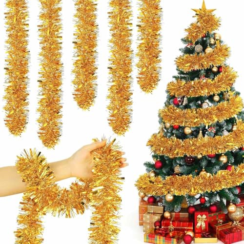 XIKTTK Guirlande Doré Noel Sapin, Guirlandes Tinsel Noël 5 x 2M, Decoration Noel Sapin, Tinsel Métallique Scintillantes pour Anniversaire Murs Fenêtres Decoration Noël